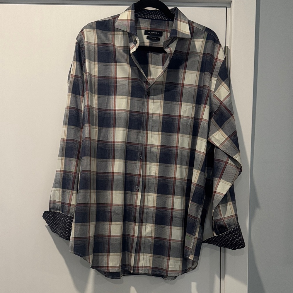 Bugatchi Navy and Cream Plaid Button Down Shirt